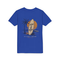 Load image into Gallery viewer, Youth Tee - "Jesus Is My Rider" Surfboard Christian T-Shirt