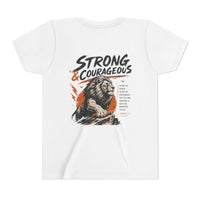 Load image into Gallery viewer, Strong &amp; Courageous Youth Tee — Lion Graphic Christian Faith Shirt