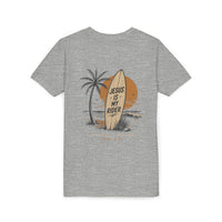 Load image into Gallery viewer, Youth Tee - "Jesus Is My Rider" Surfboard Christian T-Shirt