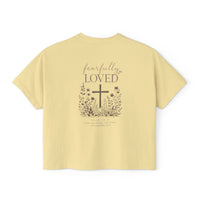 Load image into Gallery viewer, Fearfully Loved Boxy Tee — Women's Christian Cross Floral T-Shirt