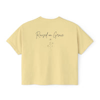 Load image into Gallery viewer, Raised on Grace Women's Boxy Tee – Minimal Faith Graphic Cropped T‑Shirt