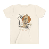 Load image into Gallery viewer, Youth Tee - "Jesus Is My Rider" Surfboard Christian T-Shirt