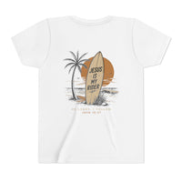 Load image into Gallery viewer, Youth Tee - "Jesus Is My Rider" Surfboard Christian T-Shirt