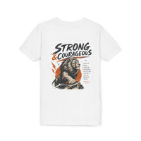Load image into Gallery viewer, Strong &amp; Courageous Youth Tee — Lion Graphic Christian Faith Shirt