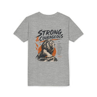 Load image into Gallery viewer, Strong &amp; Courageous Youth Tee — Lion Graphic Christian Faith Shirt