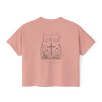 Load image into Gallery viewer, Fearfully Loved Boxy Tee — Women's Christian Cross Floral T-Shirt