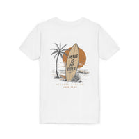 Load image into Gallery viewer, Youth Tee - "Jesus Is My Rider" Surfboard Christian T-Shirt