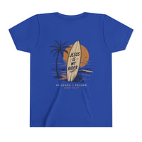 Load image into Gallery viewer, Youth Tee - "Jesus Is My Rider" Surfboard Christian T-Shirt