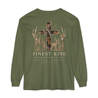 Load image into Gallery viewer, Camo Cross Christian hunting long sleee shirt with faith-inspired outdoor design.