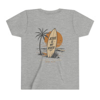 Load image into Gallery viewer, Youth Tee - "Jesus Is My Rider" Surfboard Christian T-Shirt
