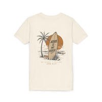 Load image into Gallery viewer, Youth Tee - "Jesus Is My Rider" Surfboard Christian T-Shirt
